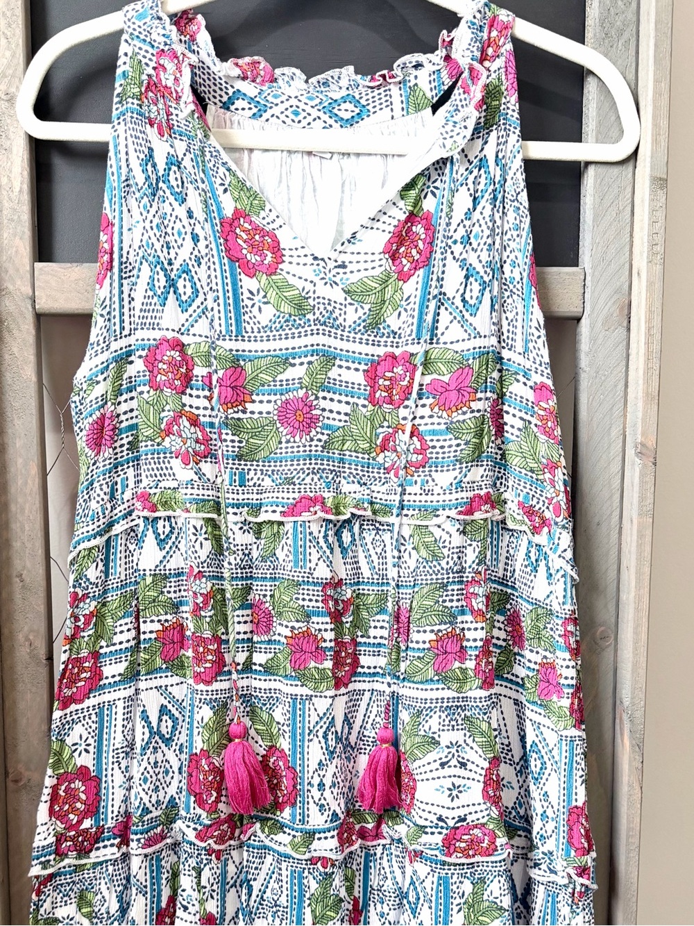 THML Floral Boho Tiered Tassel Dress XL